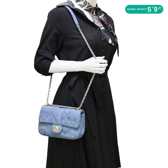 CHANEL  Mood Flap Small Quilted Denim Logo Printed Shoulder Bag Blue - Picture 2 of 11